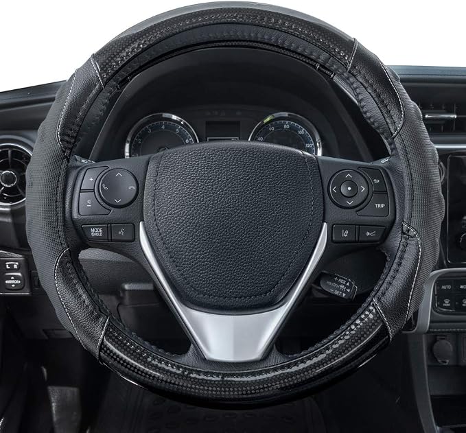 Motor Trend GripPlus Black Carbon Fiber Steering Wheel Cover, Standard 15 inch Size, Advanced Traction Grip, Car Steering Wheel Cover for Truck Van SUV Auto