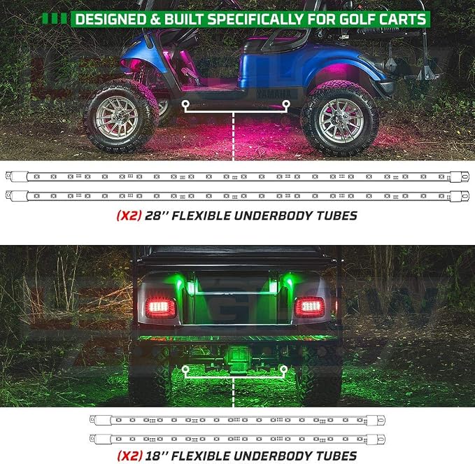 LEDGlow 12pc Million Color LED Golf Cart Underglow Kit for 12V 4-Seater | Includes Canopy, Wheel Well & Interior Tubes, Accent Neon Lights Fit EZGO Yamaha Club Car ICON, 10 Solid Colors, 16 Modes