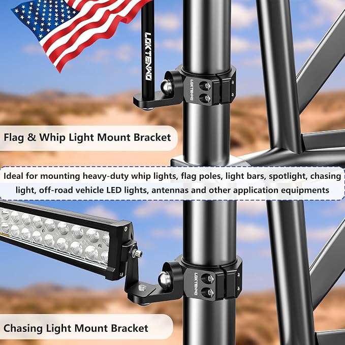 LOKTENWO 1PCS LED Light Bar Mounts UTV Whip Light Mount Clamp | Solid Heavy Whip Flag Mounting Bracket 360°Rotation Adjustable Fit on 1.5"/1.75"/1.85"/2"/2.1" Roll Cage