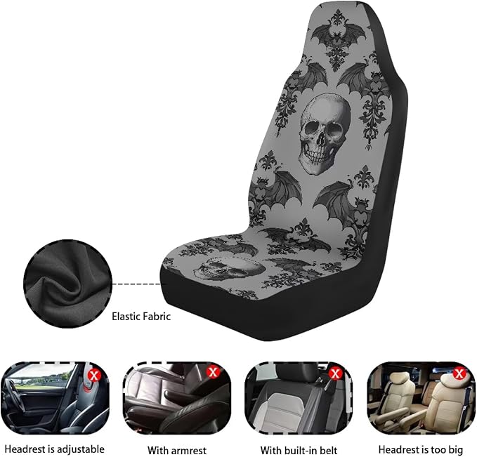 Halloween Skull Car Seat Covers for Front Seats, Non-Slip Breathable Seat Protectors, Set of 2, Universal Fit for Most Cars, SUVs and Sedans
