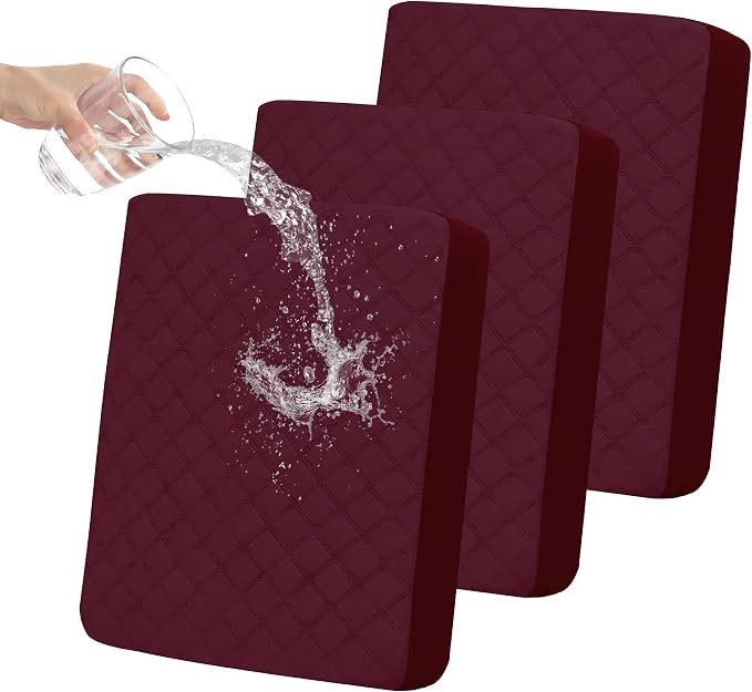 Easy-Going Waterproof Couch Cushion Covers, Non-Slip Leakproof Sofa Seat Cushion Slipcovers, Quilted and Stretch Furniture Protector for Dogs, Pets (3-Piece Sofa Cushion, Wine)