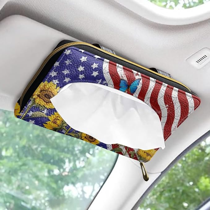 American Flag Car Tissue Holder Sunflower Sun Visor Tissues Box Cover for Car Sun Visor Napkin, Mask Dispenser Universal Car Interior Accessories