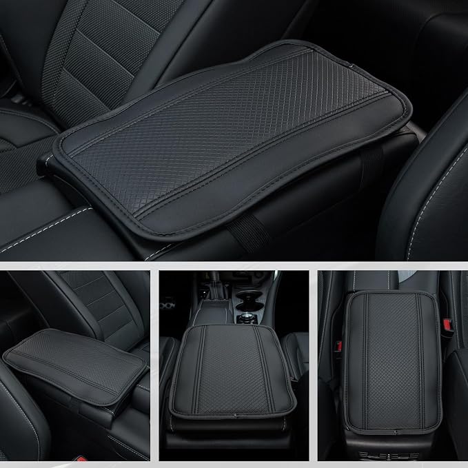Amiss Car Center Console Cover, Upgraded Leather Car Armrest Cushion, Universal Waterproof Cushion Pad, Non-Slip Car Interior Accessories, Fits Most Sedans SUVs Trucks (Black Line)