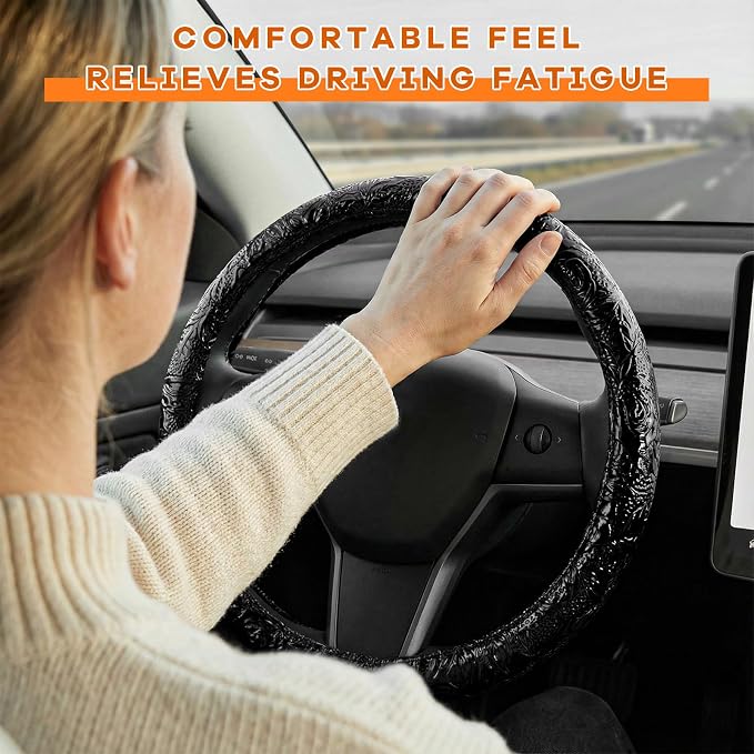 Leather Car Steering Wheel Cover, 15 Inch Anti-Slip Crocodile Pattern Steering Wheel Wrap with Rose Grain, Comfortable Grip Wheels Protector for Cars SUVs Trucks, Car Accessories (Black)