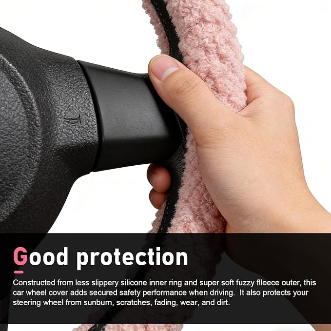 Fuzzy Warm Steering Wheel Cover for Winter, Soft Faux Lamb Fleece with Anti-Slip Inner Ring, 14.96" Inner Diameter Cozy Protective Driving Cover, Universal for Most Cars (Pink)