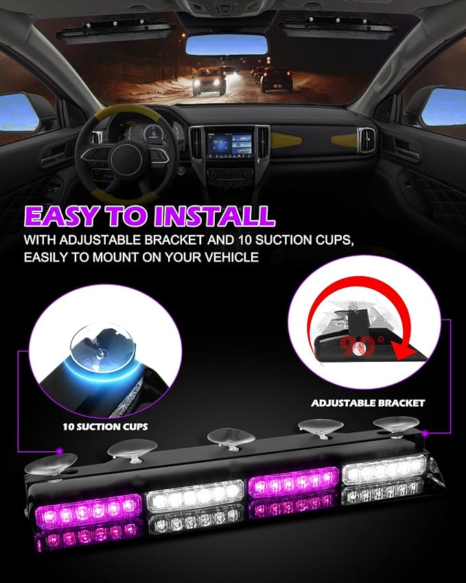HLauto 604N Emergency Dash Strobe Lights: 2x16.8 inch Purple White Security Light w/Take Down, 48 LED Safety Flashing Warning Hazard Interior Windshield Light Bar for Truck Vehicle