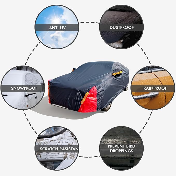 Car Cover Waterproof All Weather for Automobiles, 6 Layers Outdoor Full Exterior Cover Rain Sun UV Snowproof Protection with Zipper Cotton, Mirror Pocket for Sedan (173-183 inch)
