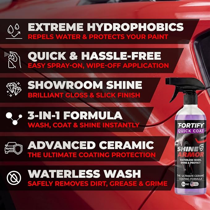 SHINE ARMOR Fortify Quick Coat - 16oz Ceramic Waterless Detailer Spray | 3-in-1 Wash, Wax & Nano-Ceramic Coating | Mirror Shine, Zero Streaks, No Dust Residue | 6-12 Month Protection | Made in USA