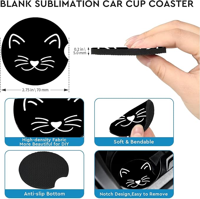 2 Pack Cat Car Cup Holder Coasters Universal Neoprene Coasters | 2.75" Universal Size Anti Slip Rubber Mat, Auto Cup Holder Accessories for SUV Truck, Cat Mom Gifts for Women Men