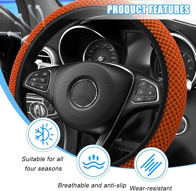 Car Elastic Stretch Steering Wheel Cover, 14.5-15" Breathable Ice Silk Anti-Slip Vehicle Steering Wheel Protector, Comfy Auto Interior Protection Accessories, Universal Fit (Orange)