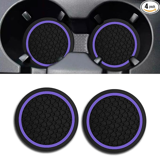 Car Cup Holder Coasters, Dustproof Automotive Interior Accessories Mat,2.75 Inch Non-Slip Insert Water Bottle Holder Pads, Universal for Vehicles, Trucks, RVs and More (Black/Purple, 2PCS)
