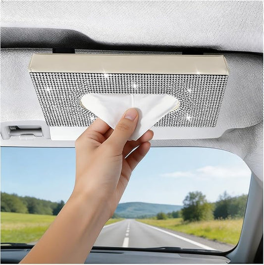 Bling Car Visor Tissue Holder, Shiny Rhinestone Leather Sun Visor Napkin Mask Case Holder Clip, Diamond AUT Paper Tissue Towel Box Dispenser, Universal Fit (White/Beige)