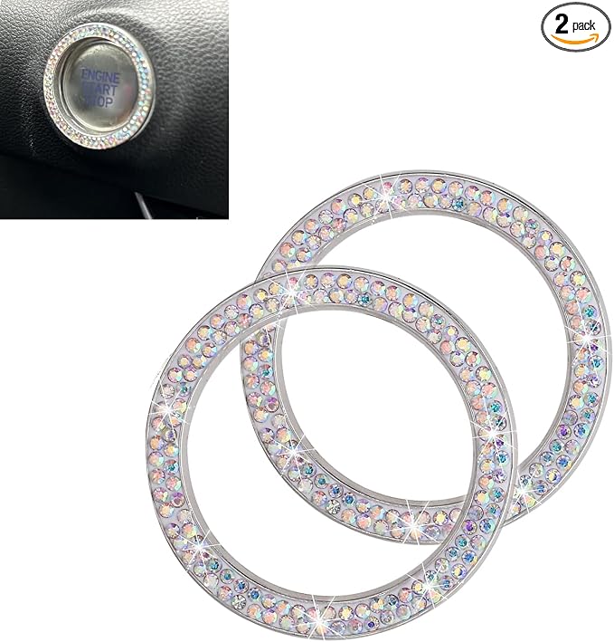 WZP 2PCS Bling Push to Start Button Cover, Crystal Rhinestone Engine Start Button Cover, Sparkling Car Interior Accessories for Women (Multicolored)