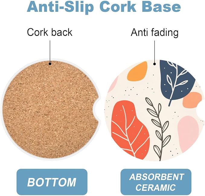 Car Cup Holder Coaster Set of 2, 2.56 in Ceramic Coasters, Scratch-Resistant Cork Backing, Finger Groove Design for Easy Placement, Cute Car Accessories Interior for Women (Bohemian Leaves)