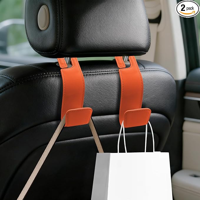 2PCS Car Seat Headrest Hooks, Purse Hook for Car, Automotive Headrest Handbags Holder, Auto Accessories Leather Seatback Organizer Hanger for Hanging Purses Bags Coats (Orange, 2PCS)