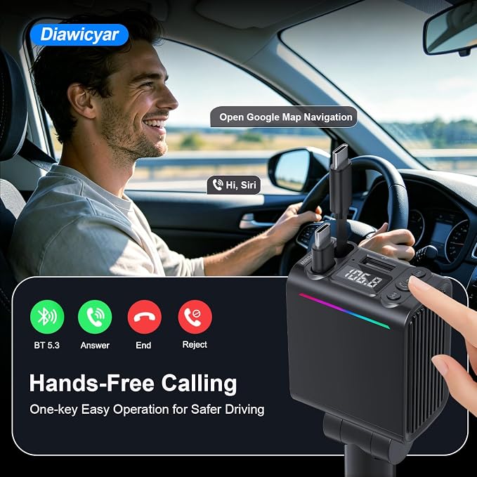 45W FM Transmitter Bluetooth Car Adapter, Wireless FM Bluetooth Transmitter | [PD 30W & QC3.0] Retractable Car Charger, Hands-Free Calling, Black