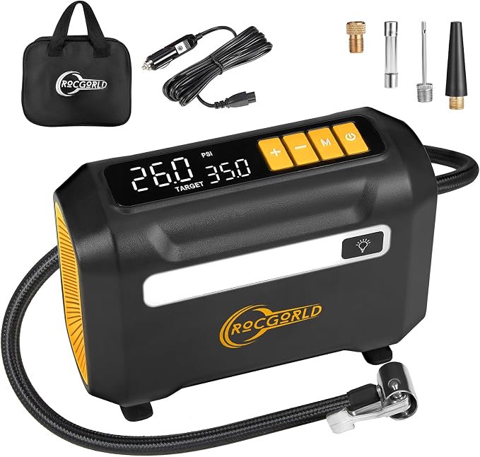 ROCGORLD R8 Tire Inflator Portable Air Compressor, DC 12V Portable Air Compressor with Large Dual Digital Screen, 3X Faster Inflation Portable Air Pump for Car Tires, Bike, Motor - Car Accessories