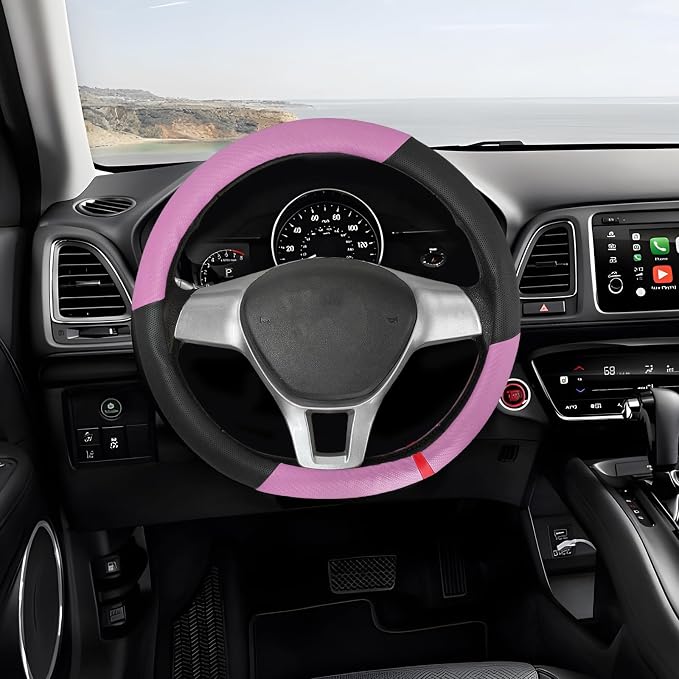 Car Steering Wheel Cover, Breathable Carbon Fiber Wheels Protective Cover Interior Accessories, Universal Anti Slip Protector for Most 14.5-15 Inch Steering Wheels (Pink)