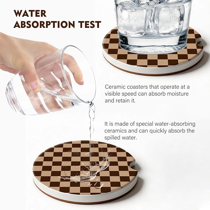 2 Pack Car Coasters for Cup Holders, Absorbent Ceramic Cup Coaster with Cork Base and Finger Notch, Cute Car Accessories Interior for Women Men (Grid-Brown)