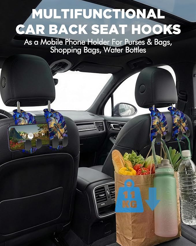 WOCOCN Purse Holder for Car, 2 Pack Heavy Duty Purse Hanger for Car, PU Leather Car Seat Hooks for Purses and Bags, Cute Dragonfly Headrest Organizer for Handbags & Backpacks
