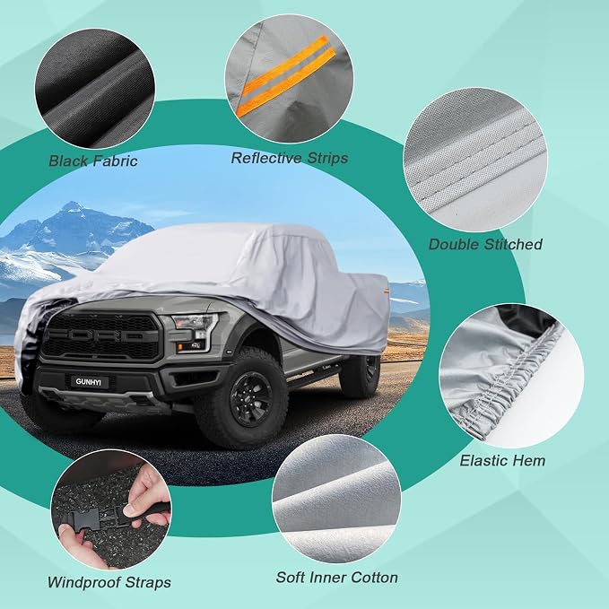 GUNHYI Pickup Truck Cover - Waterproof All Weather, 6 Layer Heavy Duty Universal Fit Ford F150, Chevy Silverado, GMC Sierra, Dodge Ram 1500 Regular/Extended/Crew Cab (Up to 230 inch)