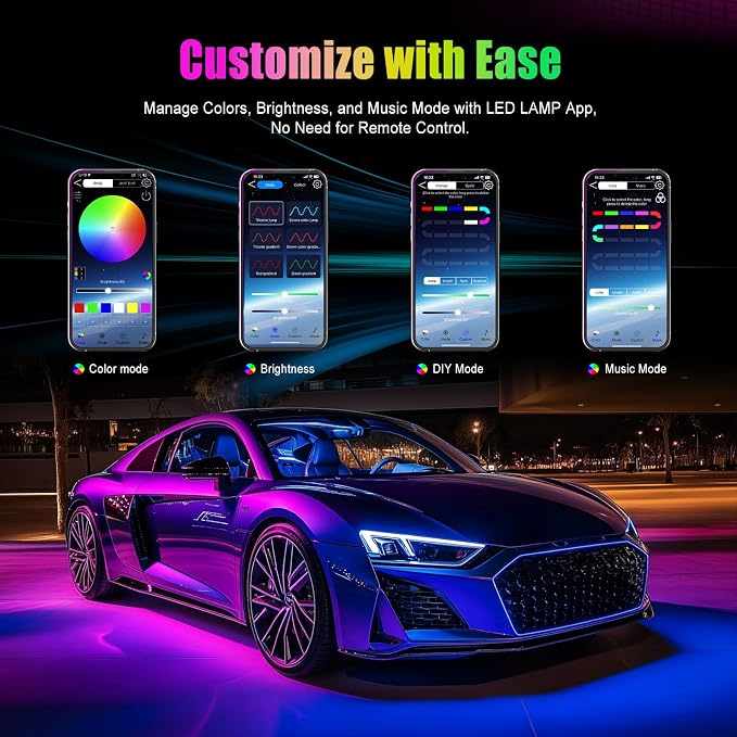 YiLaie LED Car Lights Interior Multcolor Lights for Car Inside with APP and Control Box, Music Sync USB Under Dash Lighting Kit for Cars, Trucks, SUVs, DC 5V