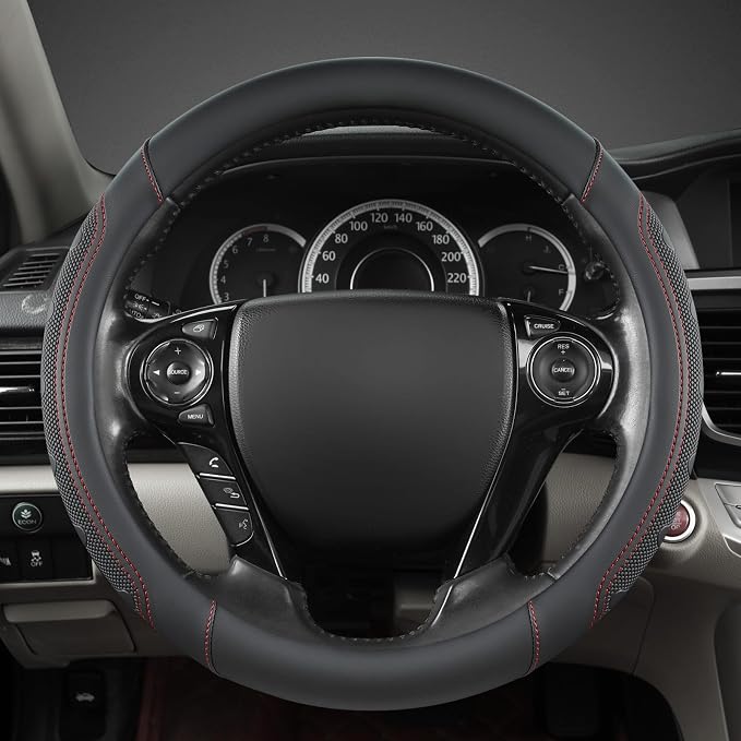 GIANT PANDA Microfiber Leather Steering Wheel Cover for Honda Accord,Civic,CR-V,HR-V,Pilot(Black+Red Line-Standard Size)