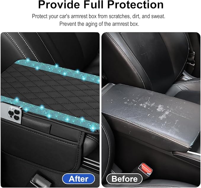 NBTEPEM Bling Car Center Console Cover, Leather Car Arm Rest Cover Cushion with 2 Storage Bags, Universal Auto Armrest Protector Storage Box, Bling Accessories Interior for Most Vehicles (Aquamarine)