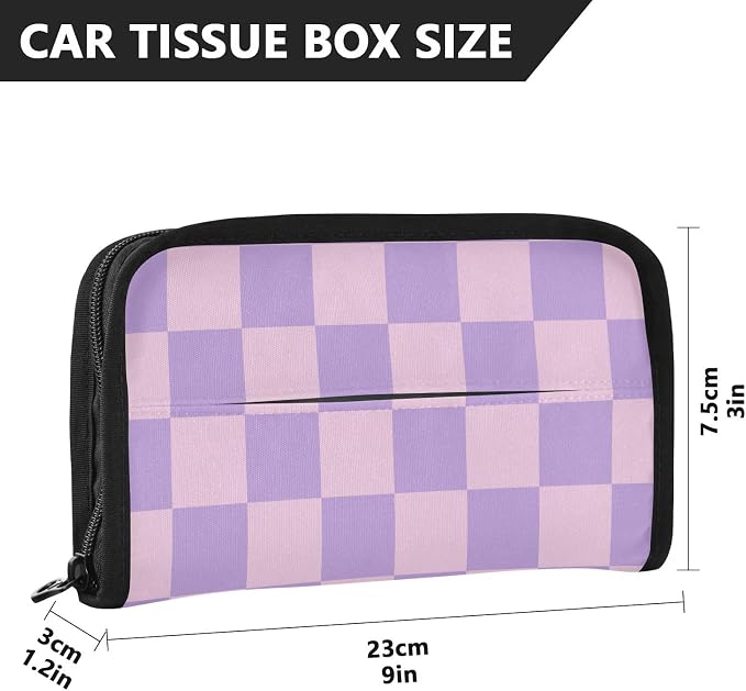 Car Tissue Holder Car Napkin Holder Tissue Box Dispenser Storage Case Sun Visor Mask Holder with Adjustable Straps Reusable Refillable Checkered Purple