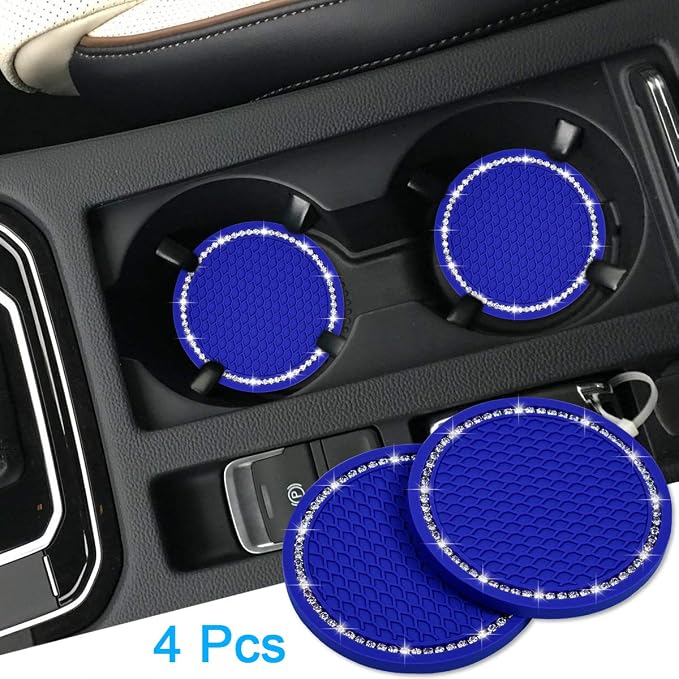 Bling Car Coasters, Wisdompro 4 Pack PVC Car Cup Holder Insert Coaster - Anti Slip Universal Vehicle Interior Accessories Crystal Glitter Cup Mats for Women and Men (2.75" Diameter, Blue)