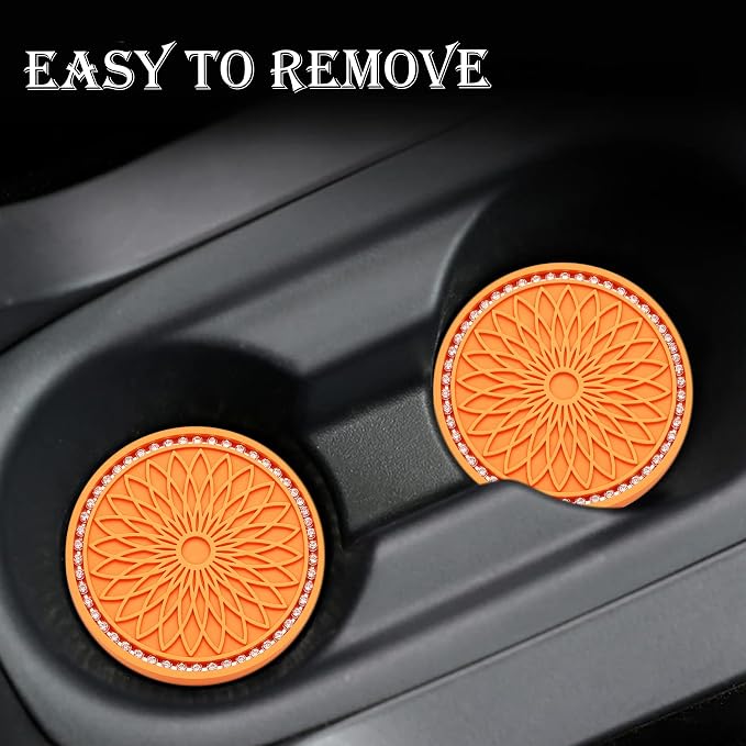 2PCS Bling Car Cup Holder Coasters, Bling Shockproof Cup Mat for Women Girls, Universal Fit for Most Vehicles (Orange & White)