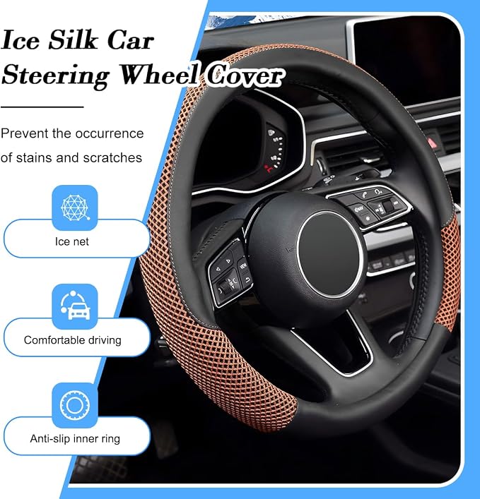 Car Steering Wheel Cover, 14.5-15" Microfiber Leather Ice Silk Breathable Non-Slip Steering Wheel Protector, Cool Auto Interior Decor Accessories, Universal for Truck SUV Van (Coffee)