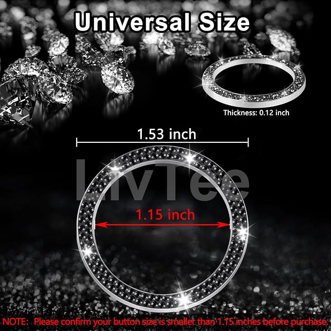 LivTee 2 PCS Crystal Double Rhinestone Car Engine Start Stop Decoration Ring, Bling Car Interior Accessories for Women, Push to Start Button Cover Sticker, Automotive Decals, Black