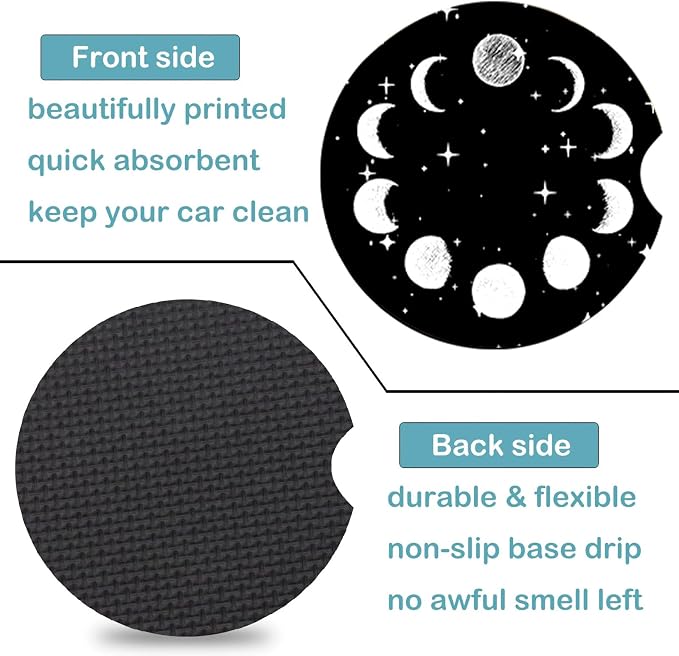 2 Pack Sky Moon Star Car Cup Holder Coasters Universal Neoprene Coasters | 2.75" Universal Size Anti Slip Rubber Mat, Auto Cup Holder Accessories for SUV Truck, Sky Moon Star Gifts for Women Men Mom