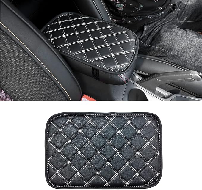 8sanlione Car Leather Center Console Cushion Pad, 11.4"x7.4" Waterproof Armrest Seat Box Cover Fit for Cars, Vehicles, SUVs, Comfort, Car Interior Protection Accessories (Black/White)