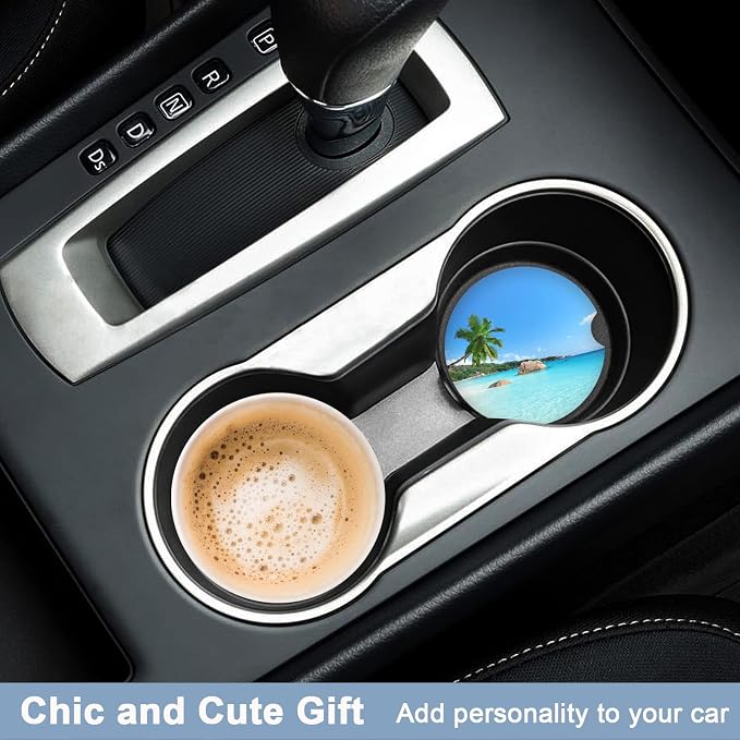 Nipichsha Car Coasters for Cup Holders, 2 Pack Absorbent Ceramic Car Cup Holder Coaster for Drinks, Cute Auto Assecories for Women Men, Size 2.56 in with Finger Notch & Cork Base, Beach Style