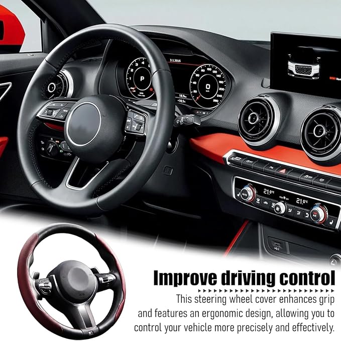 2PCS Car Steering Wheel Cover, 14.5-15" Breathable Nappa Leather Segmented Steering Wheel Protector with Non-Slip Grip, Stylish Auto Decor Accessories, Universal for Vehicles (Wine Red)