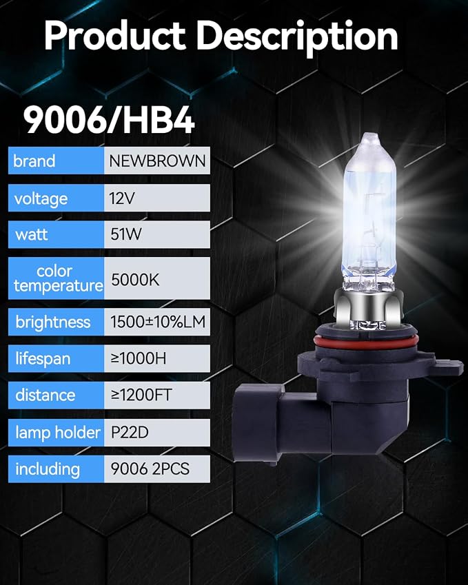 NEWBROWN 9006 HB4 Headlight Bulbs 9006 Halogen Bulb 5000K Super White Light Long Life Replacement P22D 12V/51W (9006/HB4, 2 Pack)
