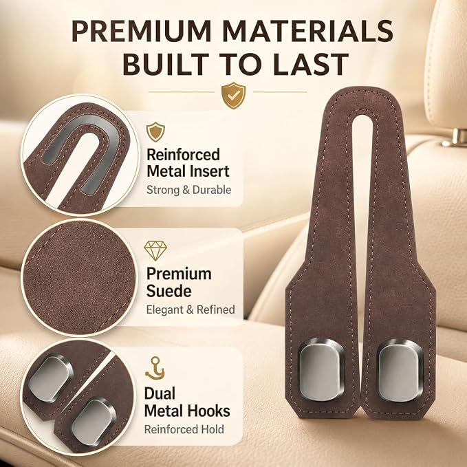 2Pcs Car Headrest Hooks with Premium Leather, Upgraded Double Metal Hooks with Anti-Drop Design, Universal Back Seat Hanger for Bags, Coats, Purses and Groceries (Stylish Brown)