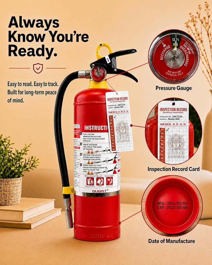 Ougist ABC Dry Chemical Fire Extinguisher, 5 lb – 2-A:10-B：C Rated for Home, Office & Vehicle, Quick Release, Easy-Grip Handle, Ideal for Electrical & Grease Fires, Model FF2KG 2Pack