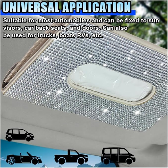 Bling Car Sun Visor Tissue Box Holder, PU Leather Auto Paper Towel Cover, Glitter Crystal Rhinestone Napkin Holder, Car Decoration Accessories for Women (Beige/White)