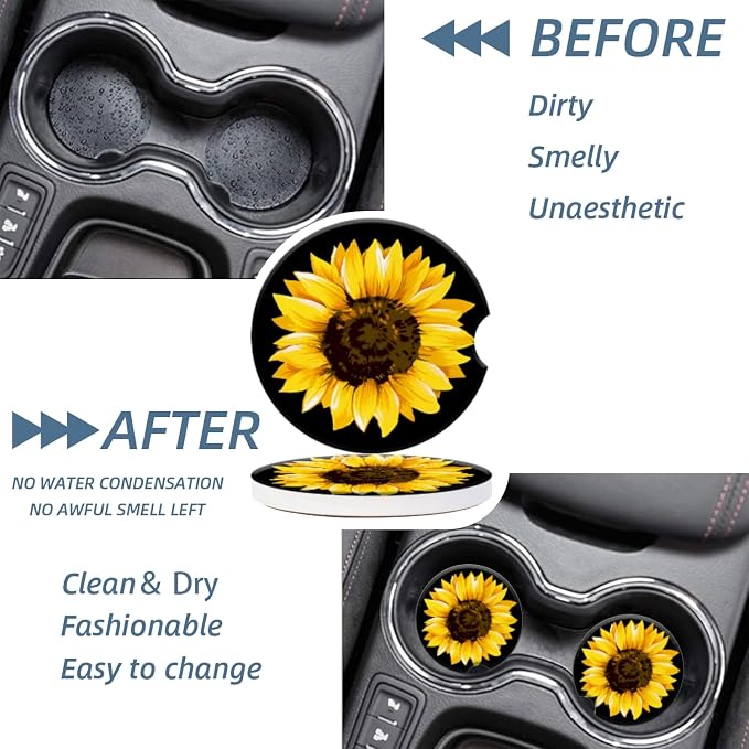 Cup Holder for Car,Elegant Sunflower Close-Up Print Ceramic Coasters Non-Slip Cup Holder Insert with Fingertip Grip, Auto Interior Accessories for Women & Men,Pack of 2, 2.56In
