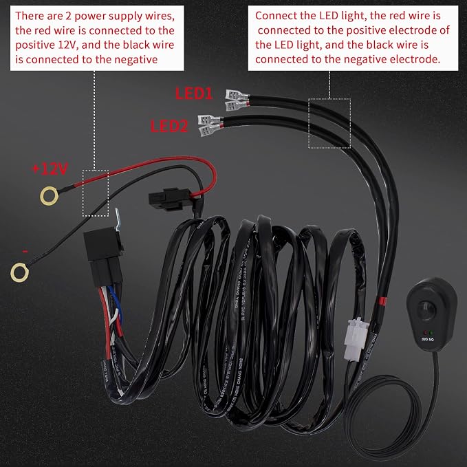 LED Lights Bar Wiring Harness Kit 2 Leads DC12V On-Off Switch Power Relay Blade Fuse 14AWG Core Cable Wiring Harness Kit fit for LED Driving Lights Bar Work Auxiliary Lights