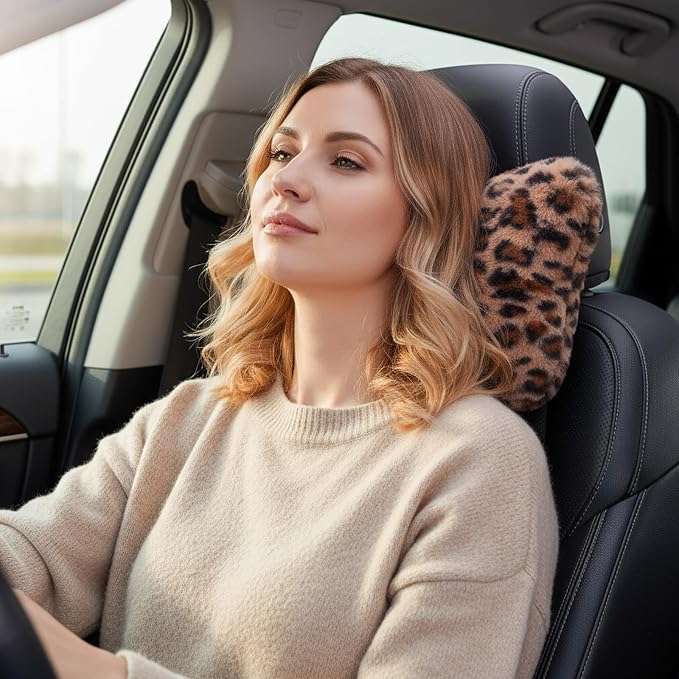 Macarrie 2 Pcs Leopard Car Neck Pillow Plush Butterfly Bow Car Headrest Pillow Comfortable Seat Neck Support Cute Head Rest Accessories for Driving Travel Driver Chair Girl Interior Decor(Brown)