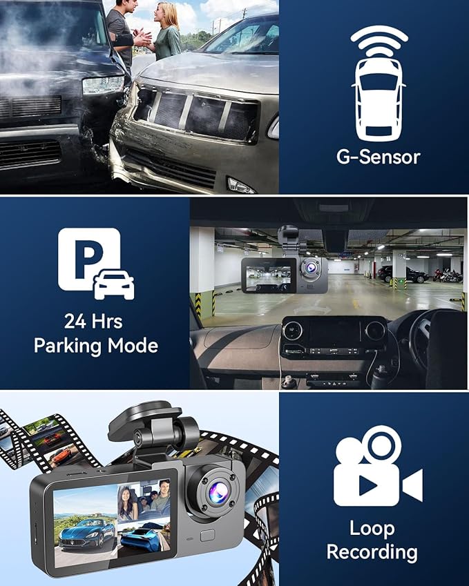 Dash Cam Front and Rear Inside, 3 Channel 4K+1080P Dash Camera for Cars, Free 32GB Card Included, App Control, 2” IPS Screen, G-Sensor, Loop Recording, Night Vision, 170°Wide Angle, Parking Monitor