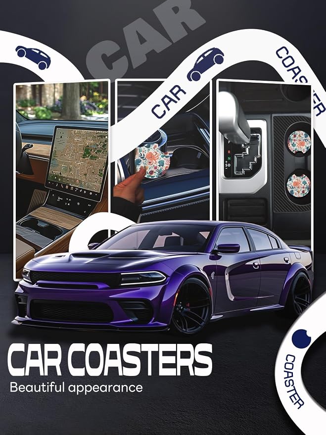 WOCOCN Car Coasters,Cup Holder Coasters for Car,2.75inch Anti Slip and Absorbent,Cute Automotive Interior Accessories for Cup Holder,Pack of 2 (Octopus)