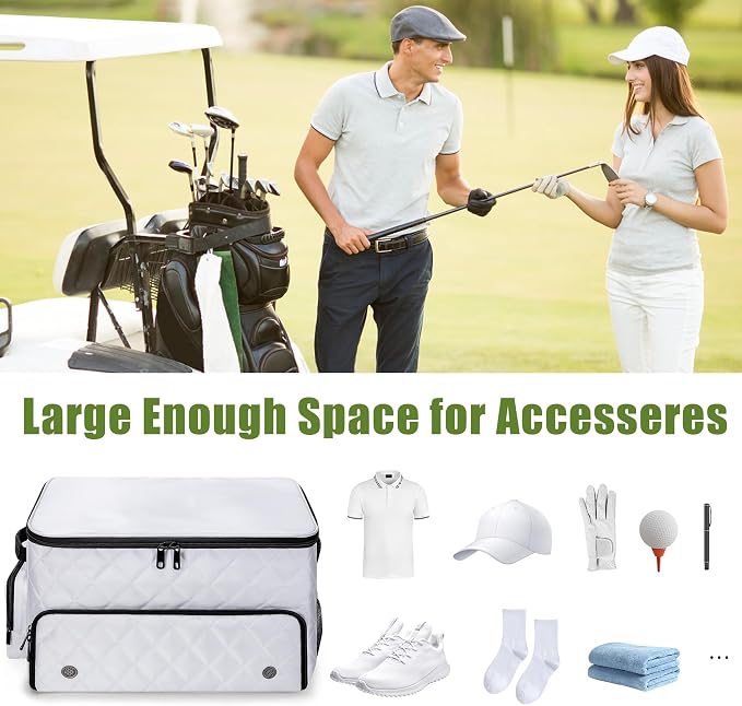 PGmoon 2 Layer Golf Trunk Organizer, Golf Car Storage Organizer,White | Individual Ventilated Compartment for 2 Pairs Shoes, Golf Car Locker for Balls, Clothes, Tees, Gloves, Accessories (Black)