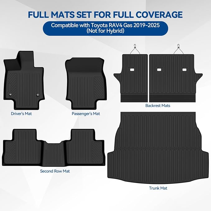 Custom Fit Floor Mats for Toyota RAV4 Gas 2019-2025(Not for Hybrid) | All Weather TPE Floor Liners with Trunk Mat & Backrest Protectors | Odorless Full Set Interior Accessories