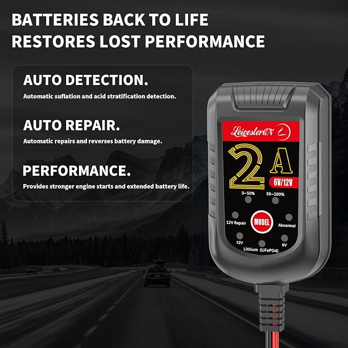 2 Pack Battery Charger 2A 6V 12V, Trickle Charger and Maintainer with Pulse Repair, Automatic Float Charger for Car Motorcycle Boat Lawn Mower ATV RV, 10FT Cable, LiFePO4 Lithium AGM Gel Lead Acid