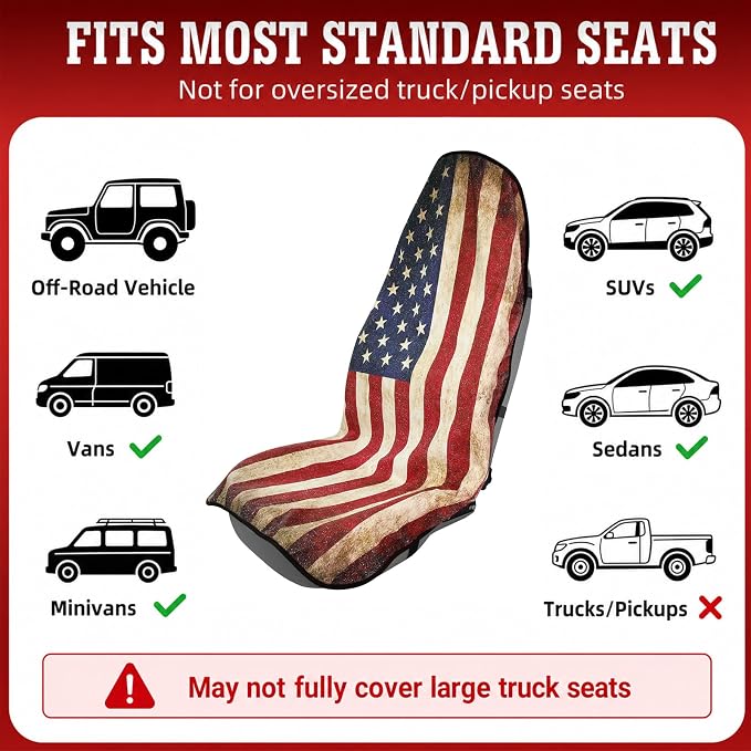 American Flag Car Seat Cover Towel, Waterproof Sweat Protector for Gym Post-Workout & Beach, Universal Fit for Sedans SUV Minivan, Machine Washable Non-Slip Bucket Seat Mat - 1 Pack